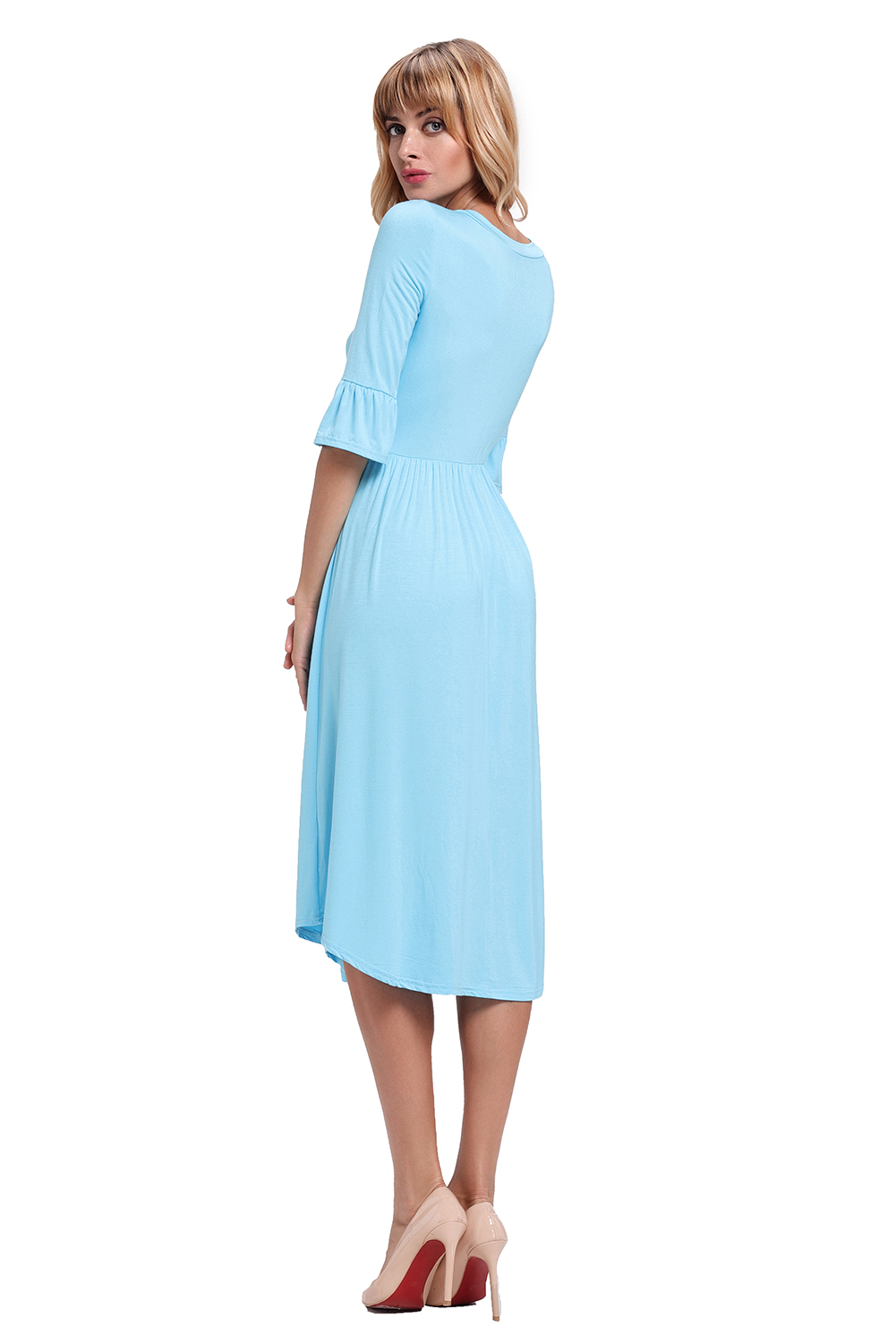 BY61652-5 Blue Ruffle Sleeve Midi Jersey Dress